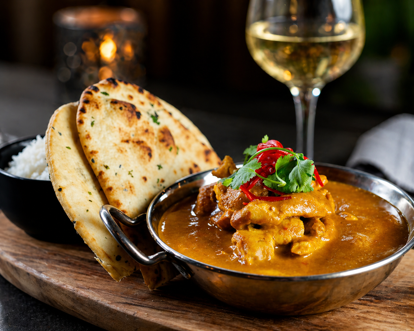 “Indian curry served in a metal bowl with naan bread and rice, garnished with herbs, with a glass of white wine in the background.
