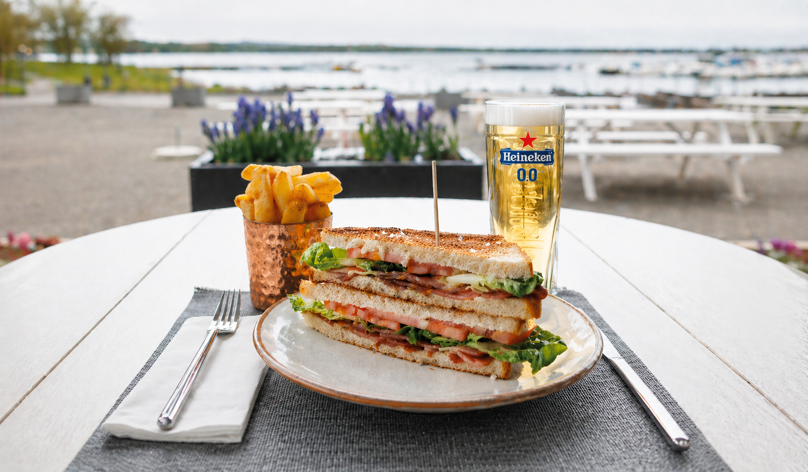 Club sandwich with chips and a 0.0 pint of beer served on a table overlooking a lakeside outdoor dining area.