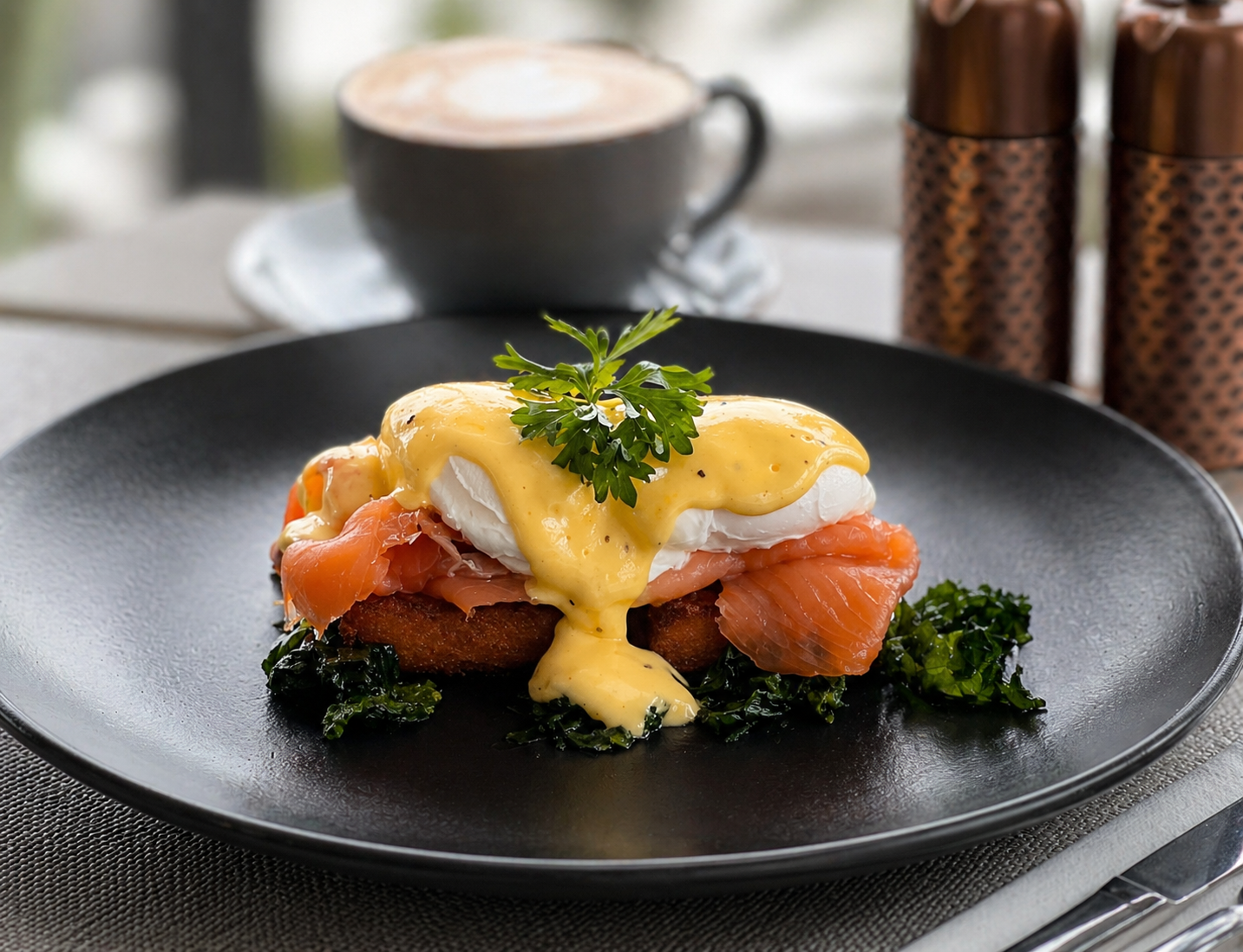 Eggs Benedict with smoked salmon and hollandaise sauce served on a plate, with a cup of coffee in the background.