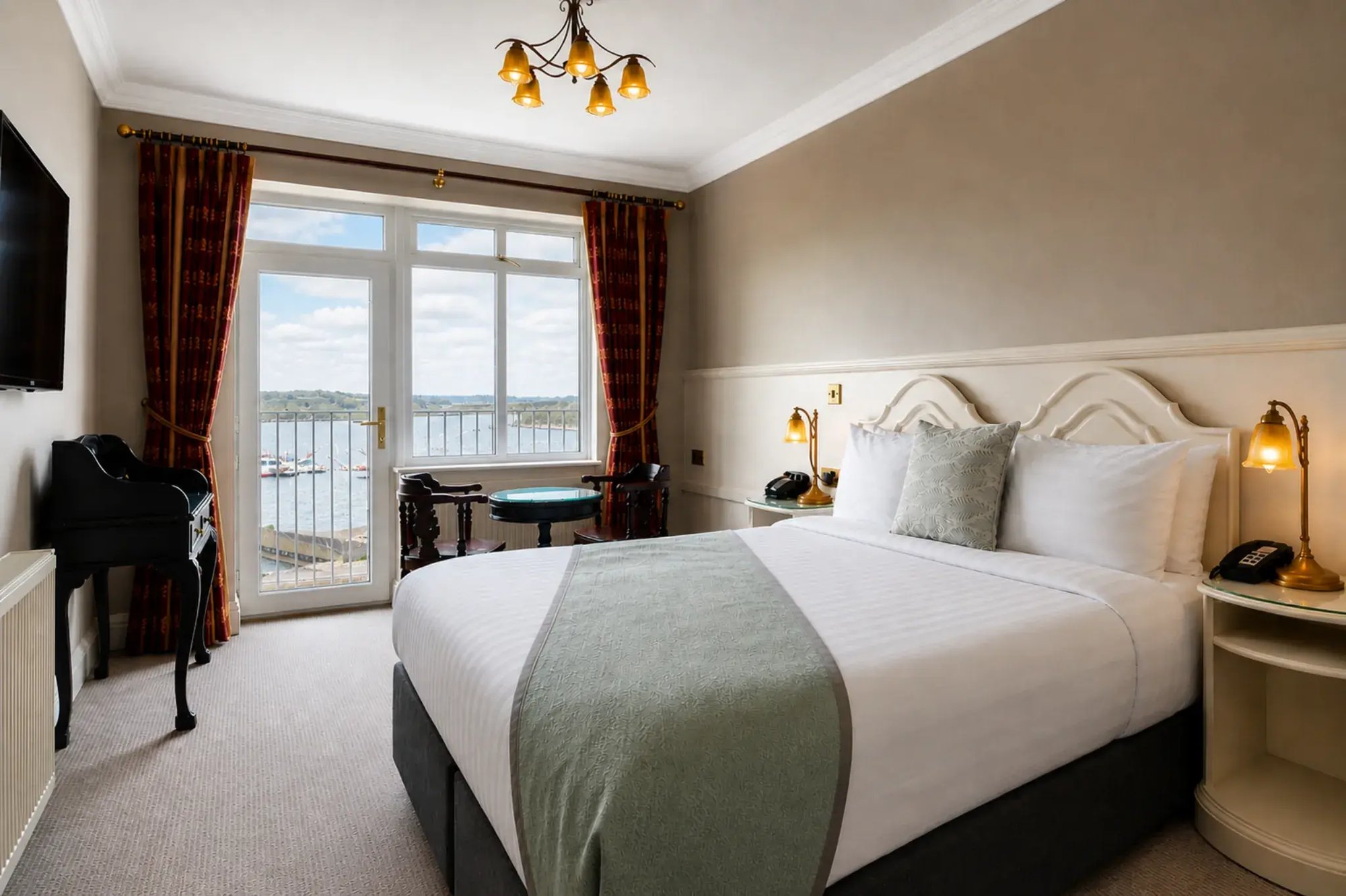Comfortable lakeside bedroom at Lakeside Manor with a double bed, bedside lamps and balcony views over the water.